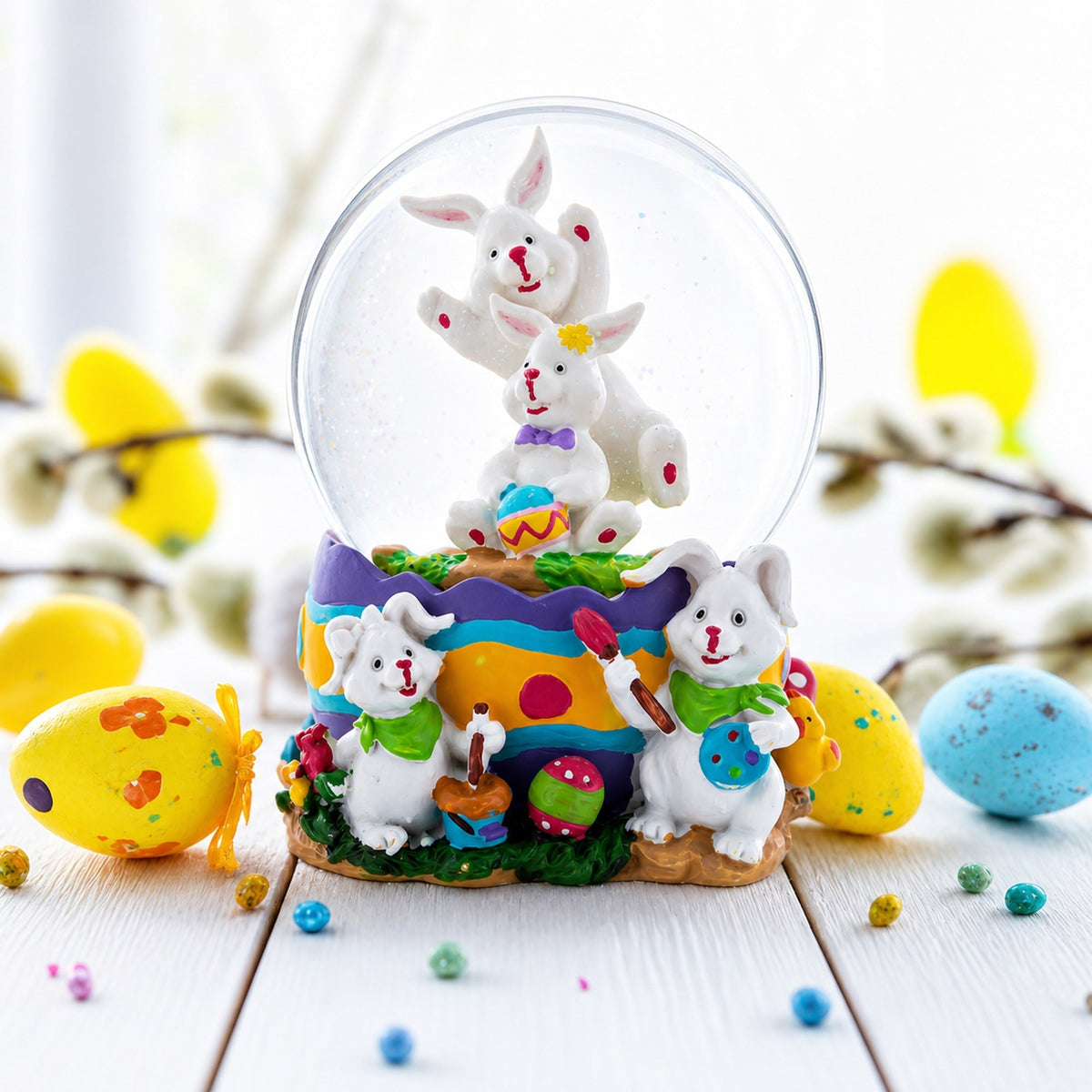 Spring Easter Egg Painting Rabbits Music Box Snow Globe 6 Inches Tall Easter > Water Globes > Bunnies La Vie Bien Spring Easter Egg Painting Rabbits Music Box Snow Globe 6 Inches Tall