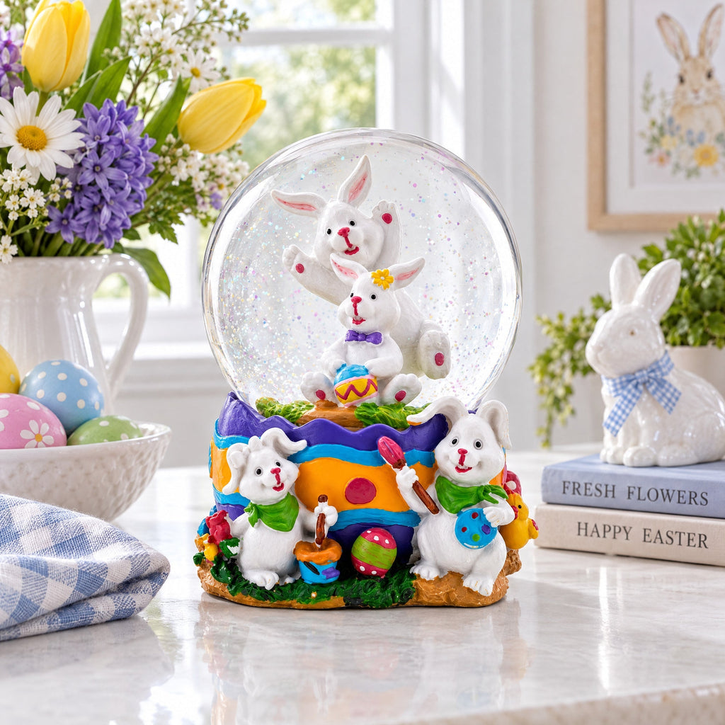 Spring Easter Egg Painting Rabbits Music Box Snow Globe 6 Inches Tall Easter > Water Globes > Bunnies La Vie Bien Spring Easter Egg Painting Rabbits Music Box Snow Globe 6 Inches Tall