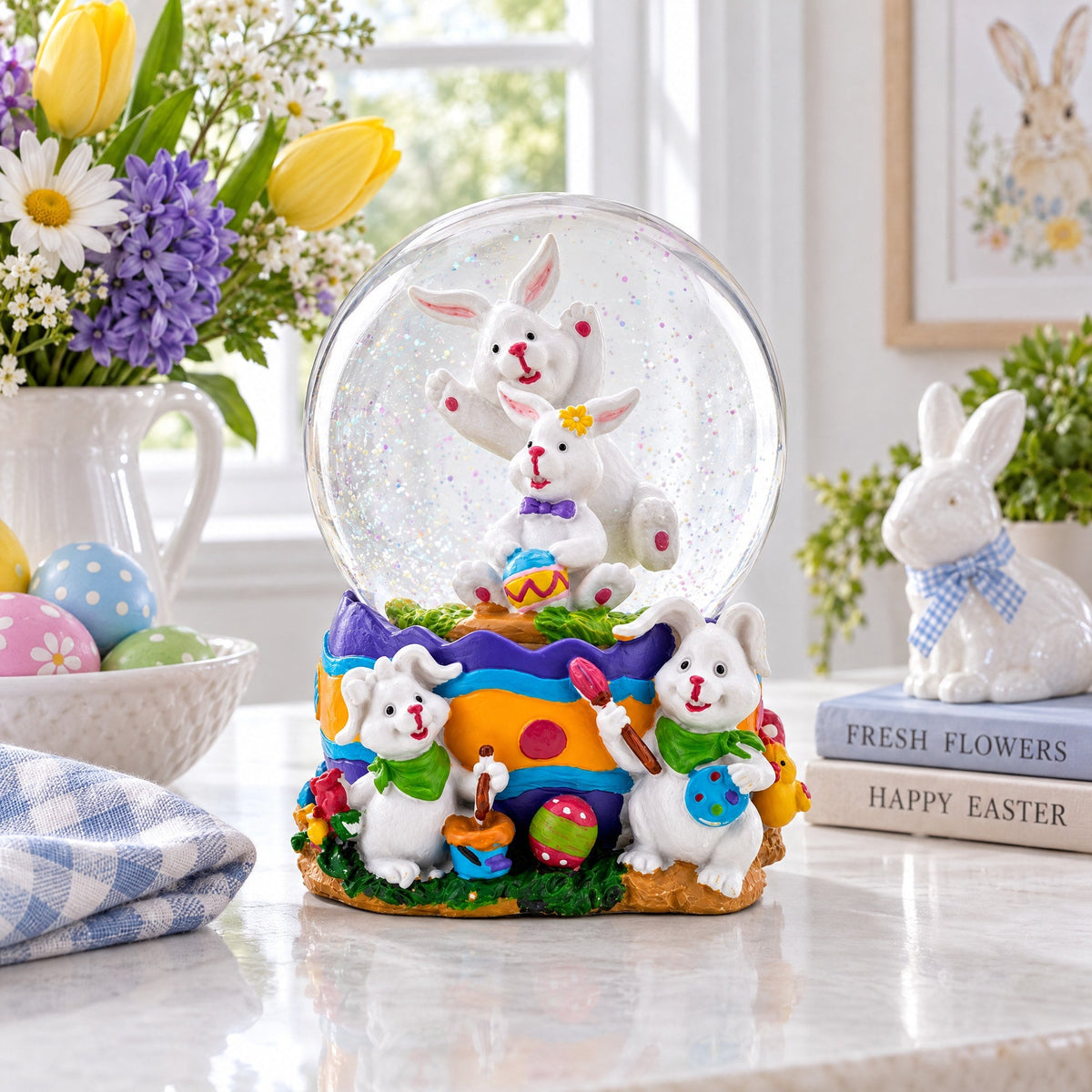 Spring Easter Egg Painting Rabbits Music Box Snow Globe 6 Inches Tall Easter > Water Globes > Bunnies La Vie Bien Spring Easter Egg Painting Rabbits Music Box Snow Globe 6 Inches Tall
