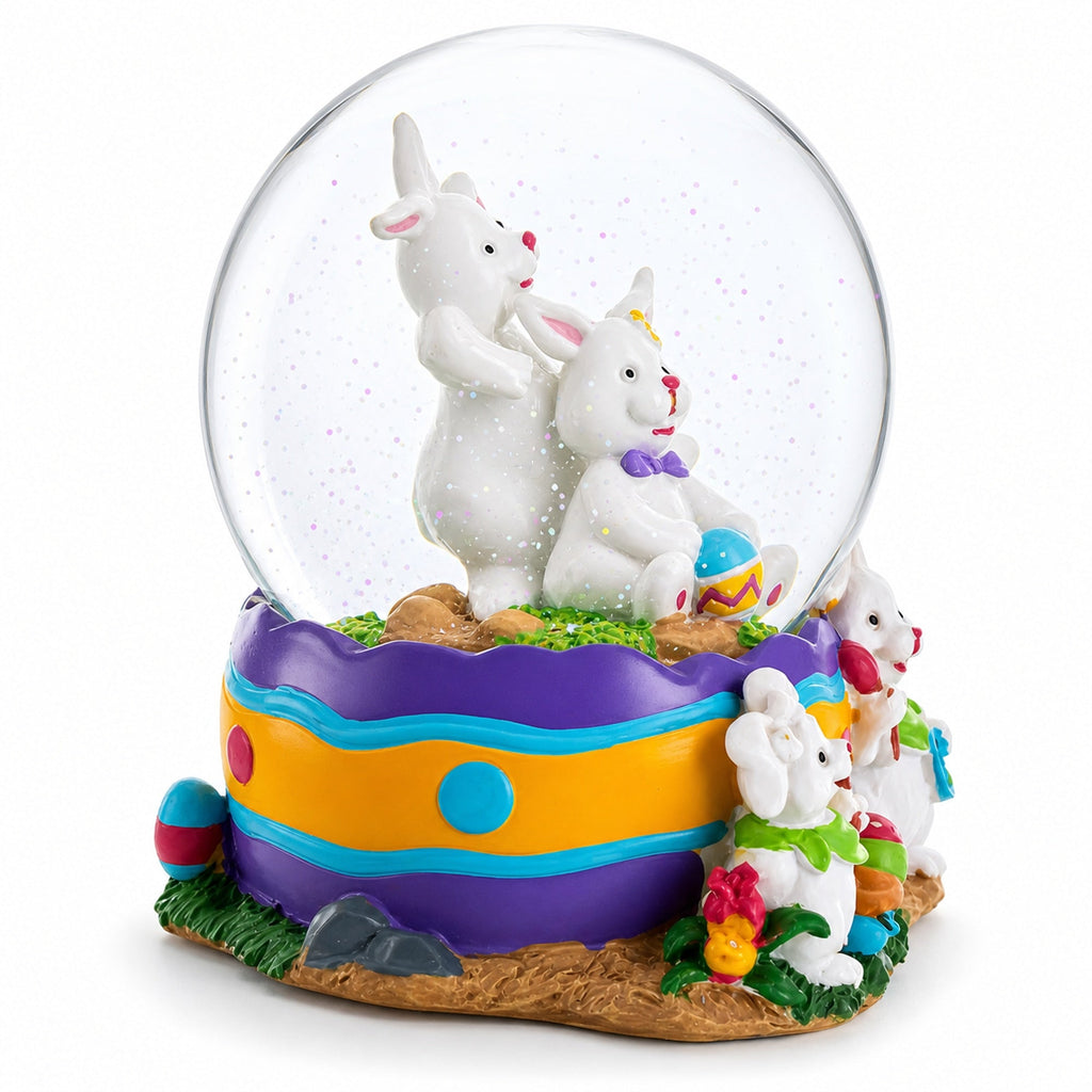 Spring Easter Egg Painting Rabbits Music Box Snow Globe 6 Inches Tall Easter > Water Globes > Bunnies La Vie Bien Spring Easter Egg Painting Rabbits Music Box Snow Globe 6 Inches Tall