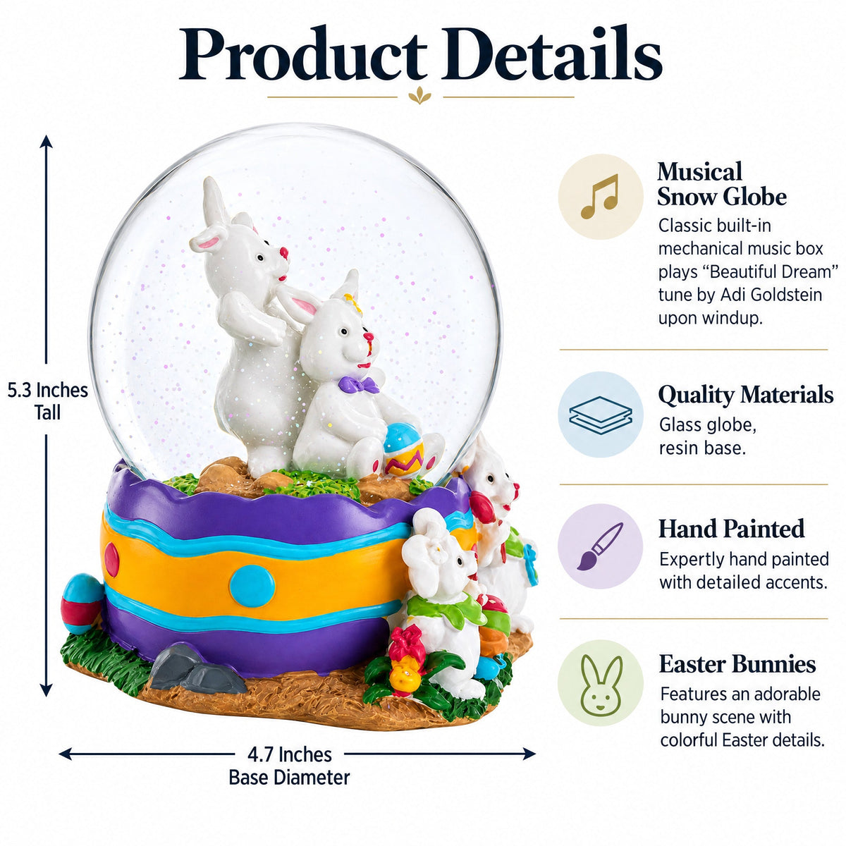 Spring Easter Egg Painting Rabbits Music Box Snow Globe 6 Inches Tall Easter > Water Globes > Bunnies La Vie Bien Spring Easter Egg Painting Rabbits Music Box Snow Globe 6 Inches Tall