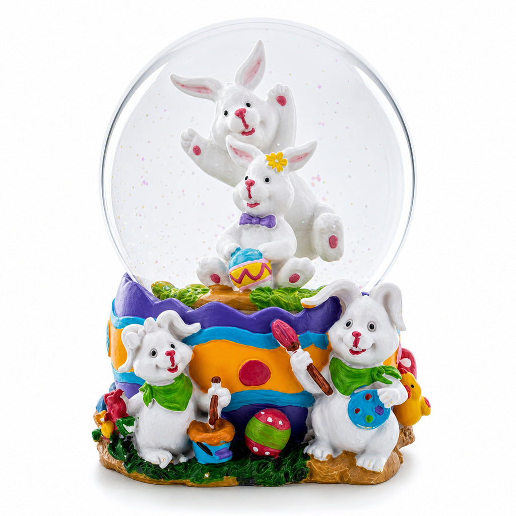 Spring Easter Egg Painting Rabbits Music Box Snow Globe 6 Inches Tall Easter > Water Globes > Bunnies La Vie Bien Spring Easter Egg Painting Rabbits Music Box Snow Globe 6 Inches Tall