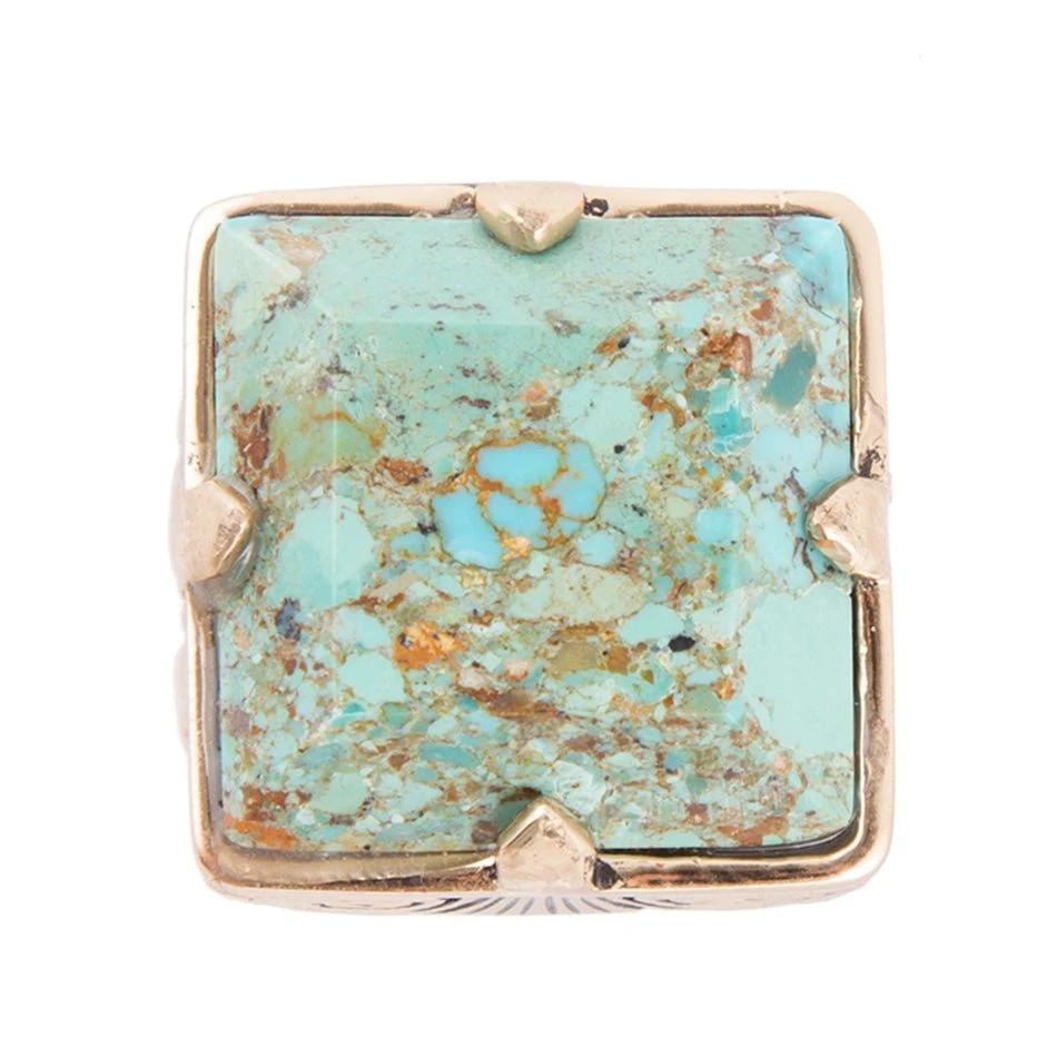 Square Statement Blue Turquoise Golden Ring by Barse Jewelry