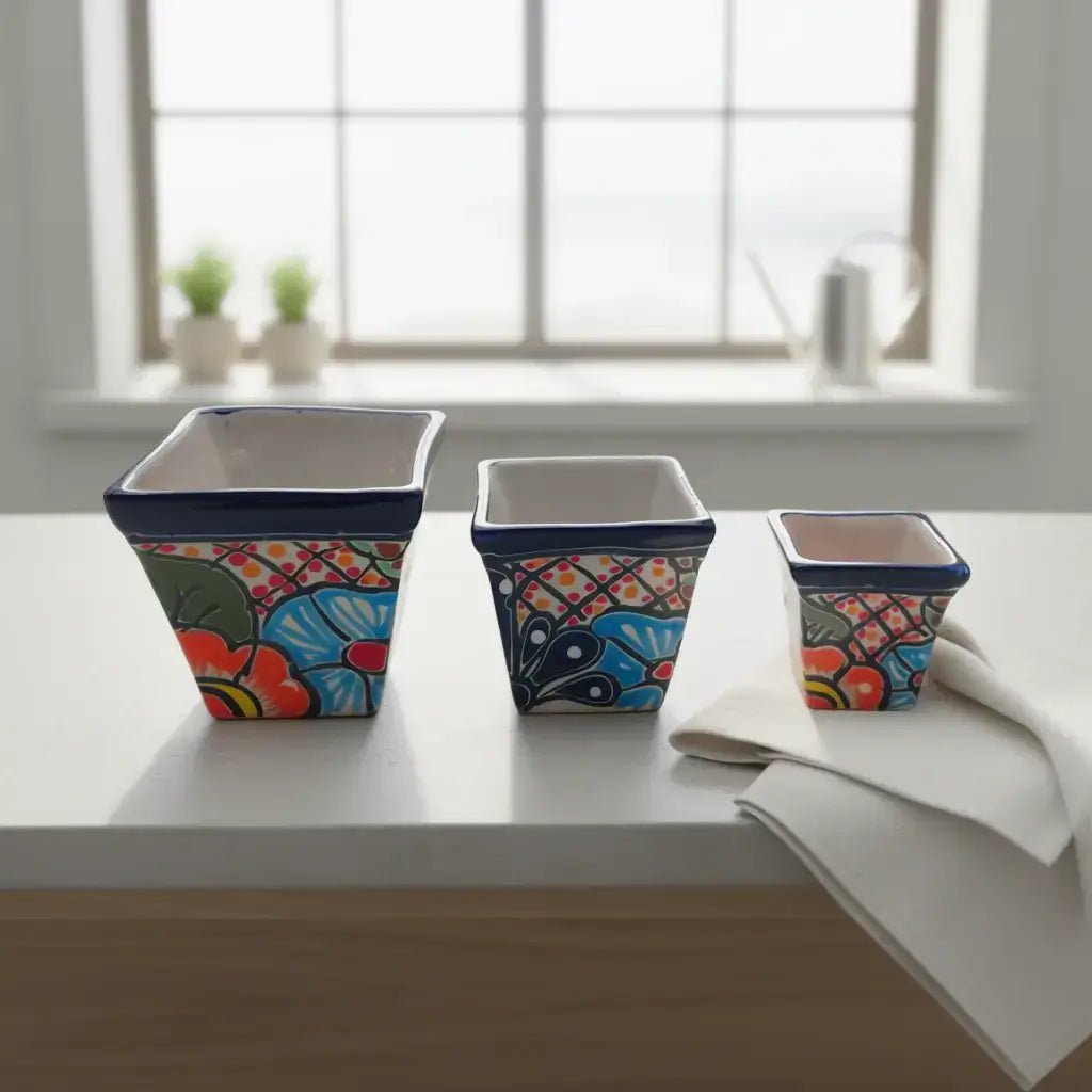 Square Talavera Planter Set | Colorful Mexican Mini Pots (Set of 3) Talavera Flower Pot La Vie Bien Square Talavera Planter Set | Colorful Mexican Mini Pots (Set of 3)