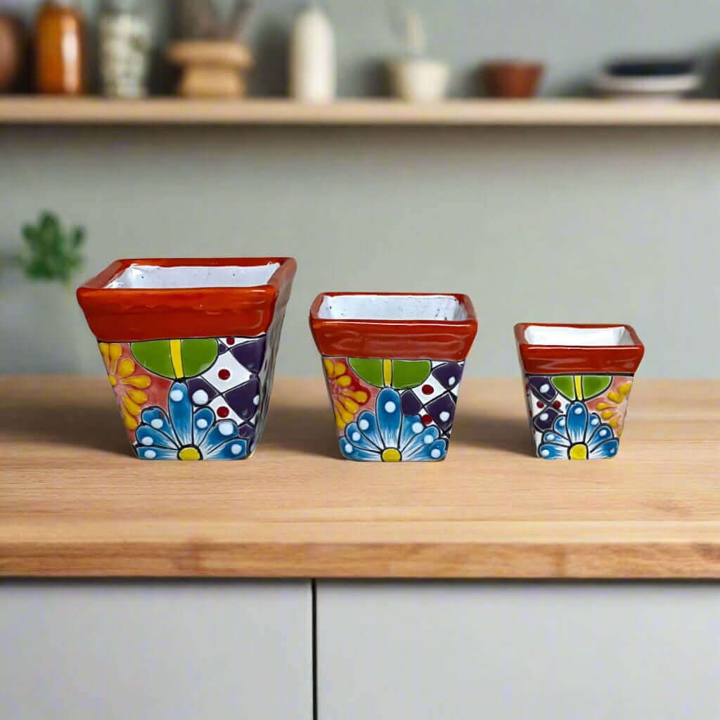 Square Talavera Planter Set | Colorful Mexican Mini Pots (Set of 3) Talavera Flower Pot La Vie Bien Square Talavera Planter Set | Colorful Mexican Mini Pots (Set of 3)
