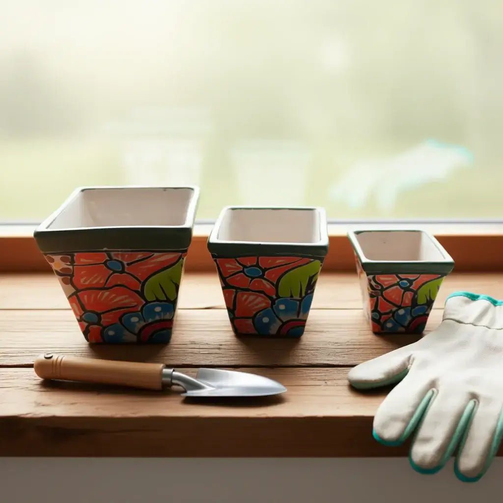 Square Talavera Planter Set | Colorful Mexican Mini Pots (Set of 3) Talavera Flower Pot La Vie Bien Square Talavera Planter Set | Colorful Mexican Mini Pots (Set of 3)