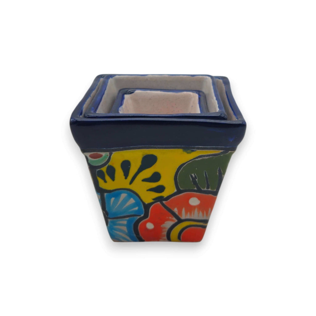 Square Talavera Planter Set | Colorful Mexican Mini Pots (Set of 3)