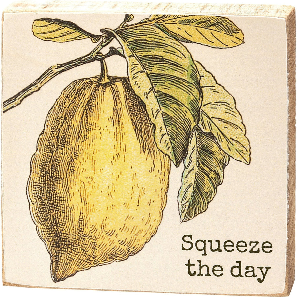 Squeeze The Day Inspo Lemon Wooden Block Sign | 4" x 4" Decor La Vie Bien Squeeze The Day Inspo Lemon Wooden Block Sign | 4" x 4"