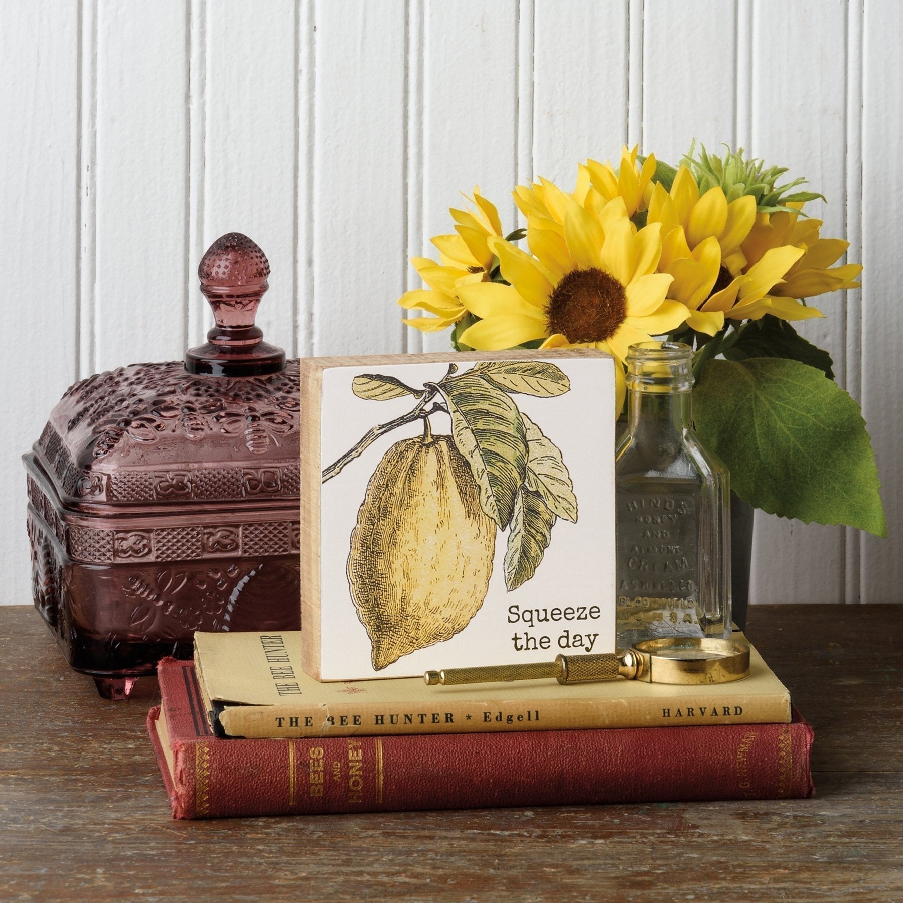 Squeeze The Day Inspo Lemon Wooden Block Sign | 4" x 4" Decor La Vie Bien Squeeze The Day Inspo Lemon Wooden Block Sign | 4" x 4"