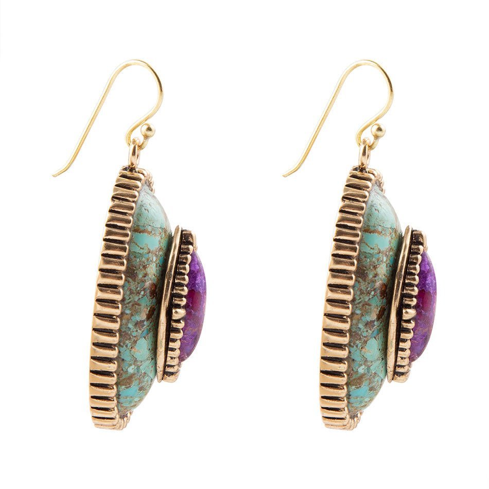 Stacked Stone Blue and Purple Turquoise Golden Drop Earrings Earrings La Vie Bien Stacked Stone Blue and Purple Turquoise Golden Drop Earrings