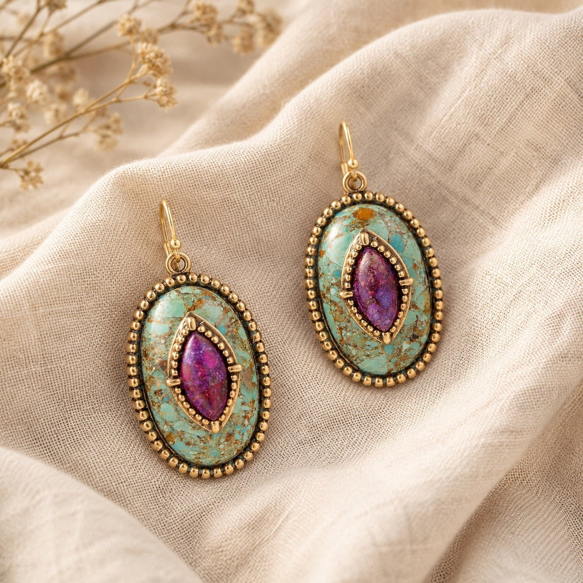 Stacked Stone Blue and Purple Turquoise Golden Drop Earrings Earrings La Vie Bien Stacked Stone Blue and Purple Turquoise Golden Drop Earrings