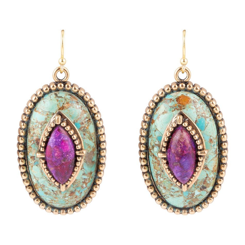 Stacked Stone Blue and Purple Turquoise Golden Drop Earrings Earrings La Vie Bien Stacked Stone Blue and Purple Turquoise Golden Drop Earrings