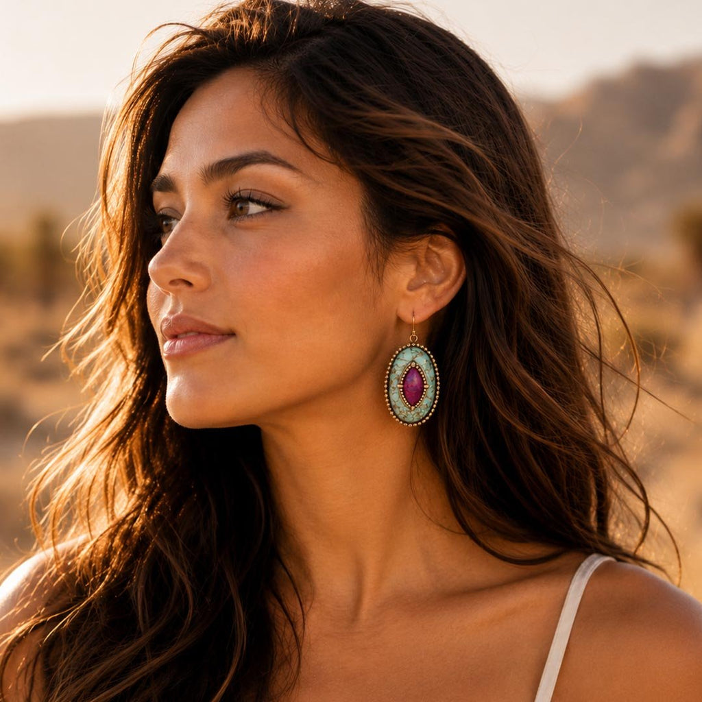 Stacked Stone Blue and Purple Turquoise Golden Drop Earrings Earrings La Vie Bien Stacked Stone Blue and Purple Turquoise Golden Drop Earrings