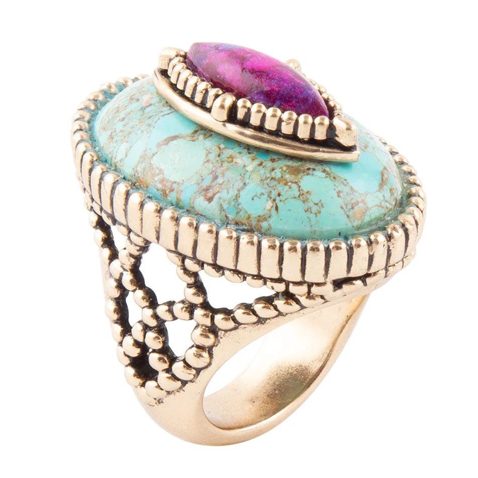 Stacked Stone Blue and Purple Turquoise Golden Ring by Barse Jewelry