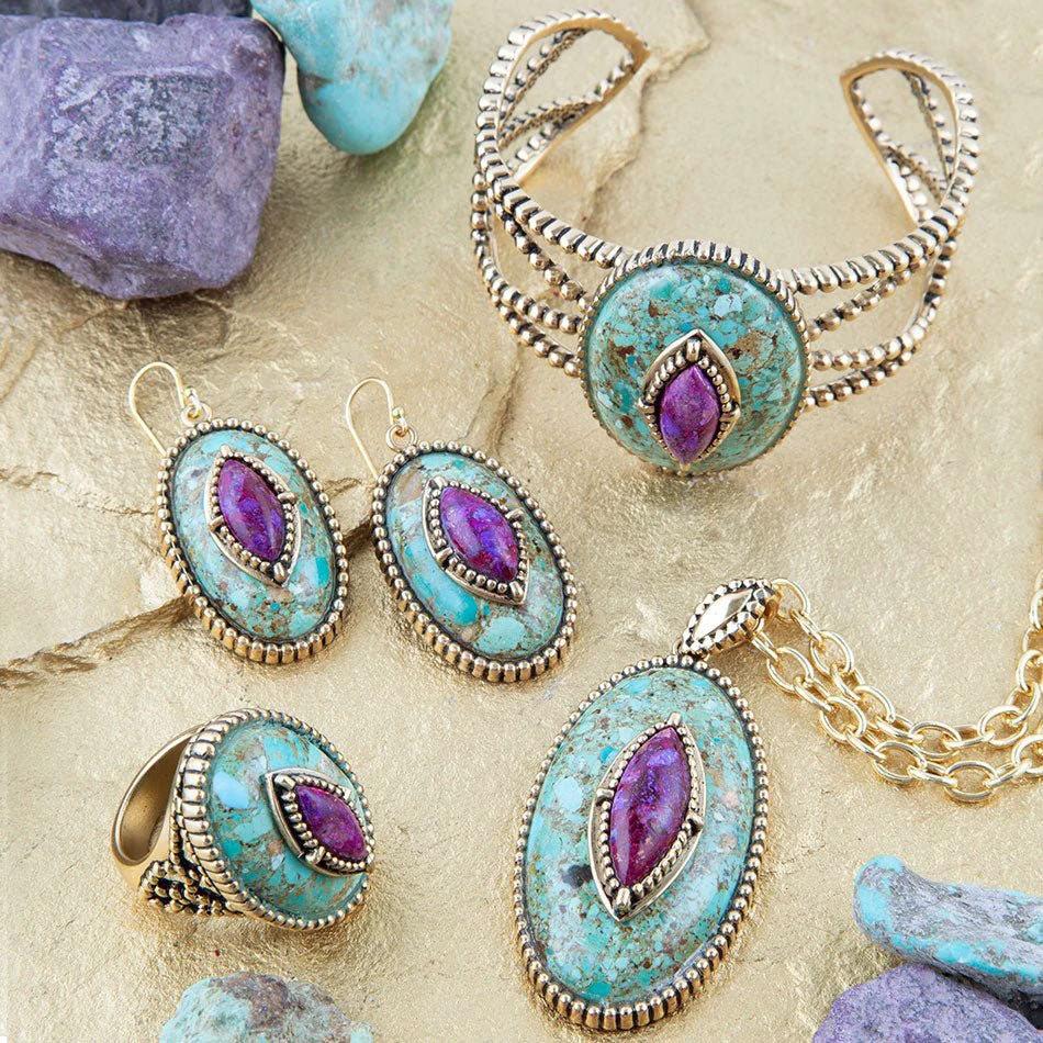 Stacked Stone Blue and Purple Turquoise Golden Ring by Barse Jewelry