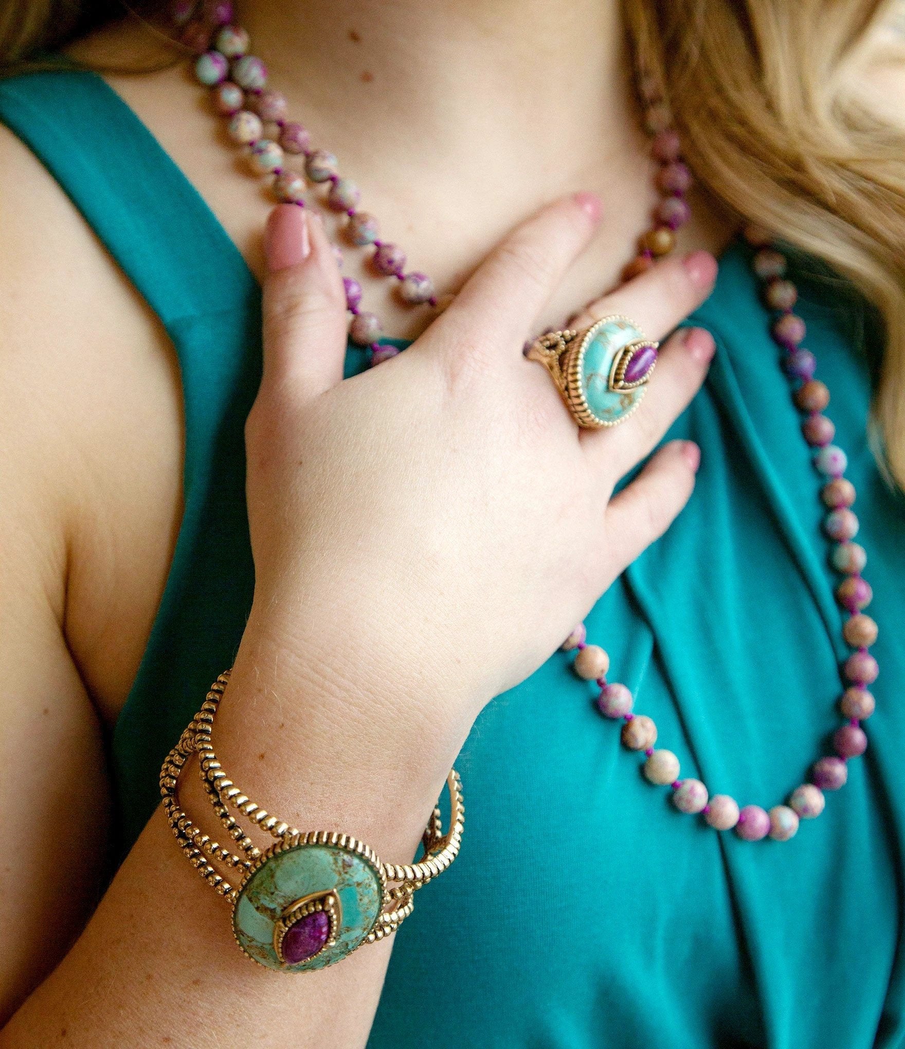 Stacked Stone Blue and Purple Turquoise Golden Ring by Barse Jewelry