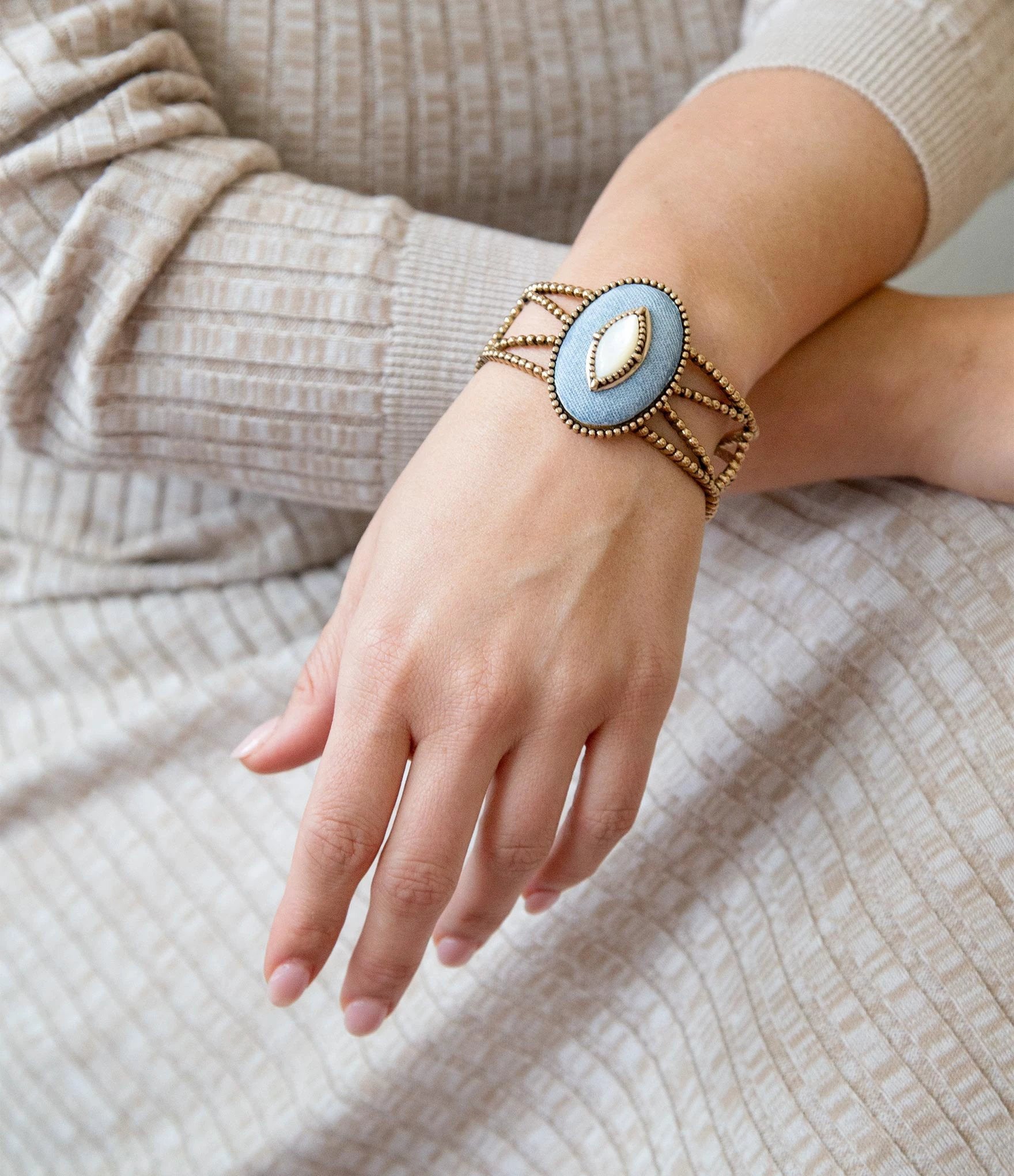 Blue Denim Dreams White Mother of Pearl Golden Cuff Bracelet by Barse Jewelry