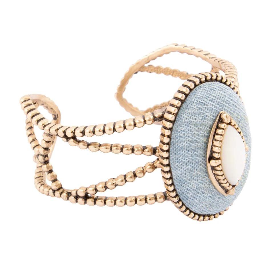 Blue Denim Dreams White Mother of Pearl Golden Cuff Bracelet by Barse Jewelry