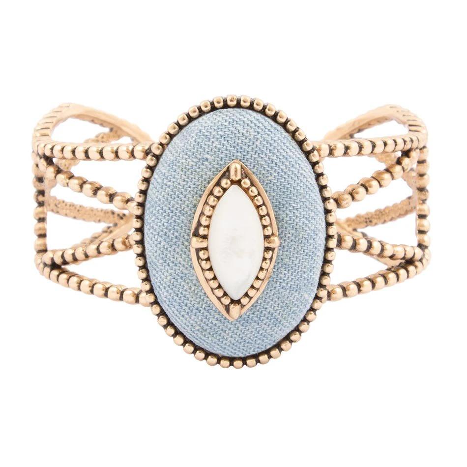 Blue Denim Dreams White Mother of Pearl Golden Cuff Bracelet by Barse Jewelry