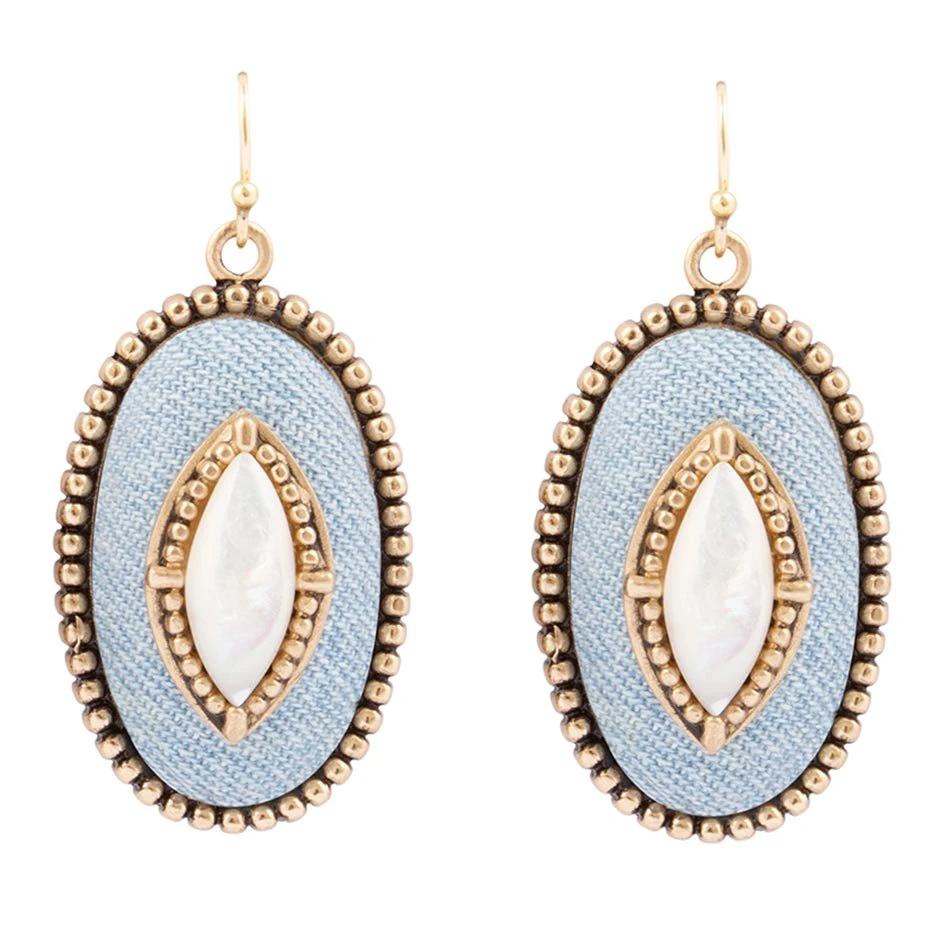 Blue Denim Dreams White Mother of Pearl Golden Drop Earrings by Barse Jewelry