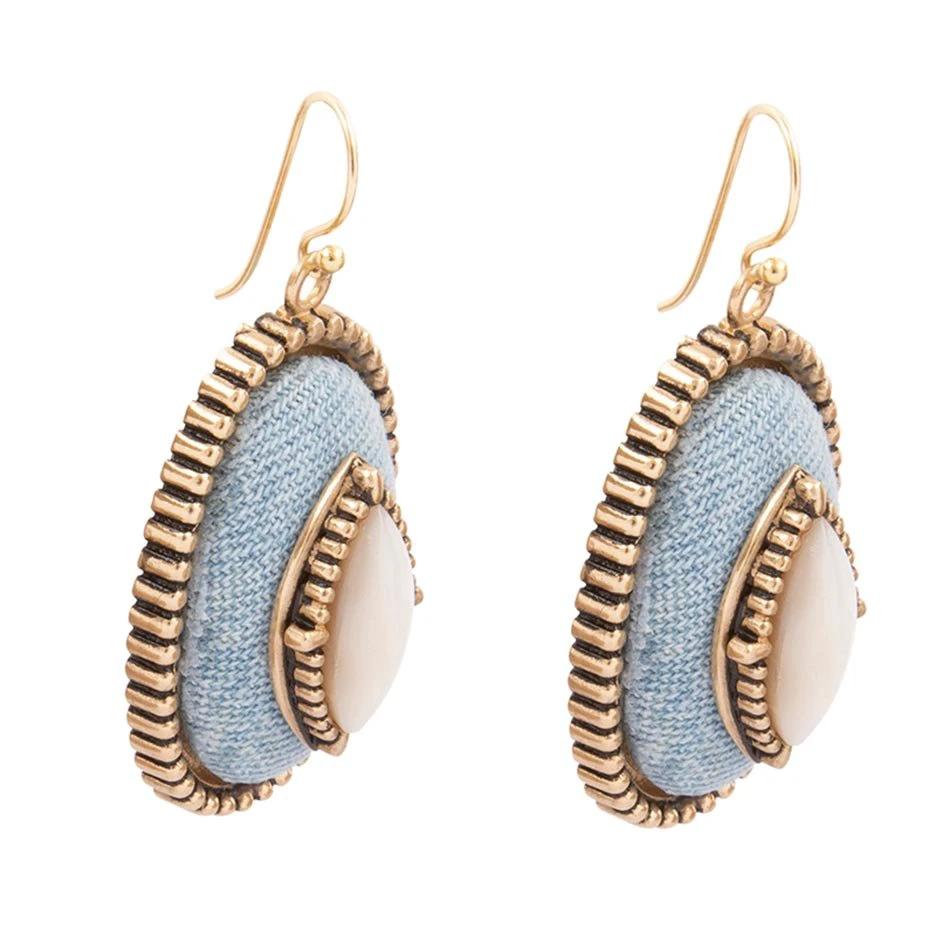 Blue Denim Dreams White Mother of Pearl Golden Drop Earrings by Barse Jewelry