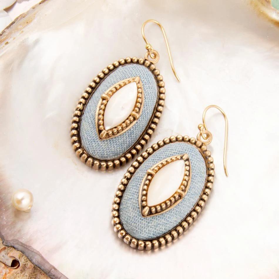 Blue Denim Dreams White Mother of Pearl Golden Drop Earrings by Barse Jewelry