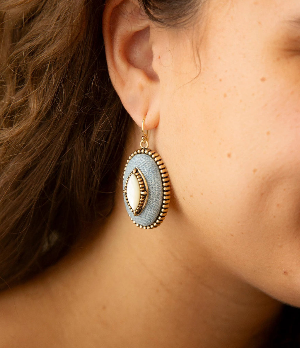 Blue Denim Dreams White Mother of Pearl Golden Drop Earrings by Barse Jewelry