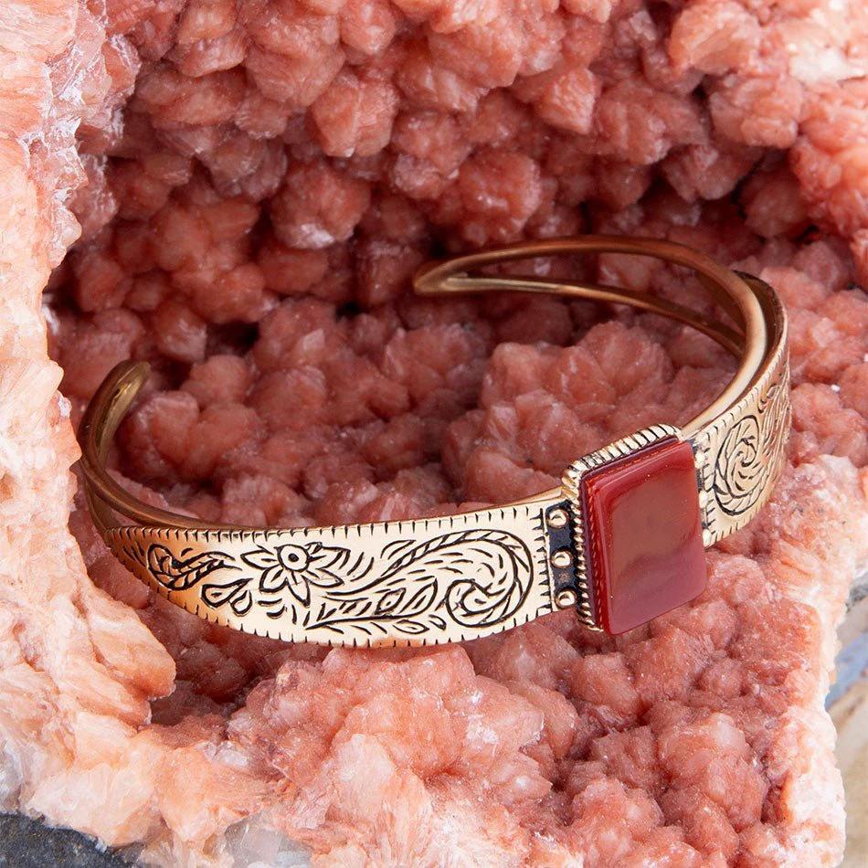 Stamped Orange Carnelian Golden Cuff Bracelet by Barse Jewelry