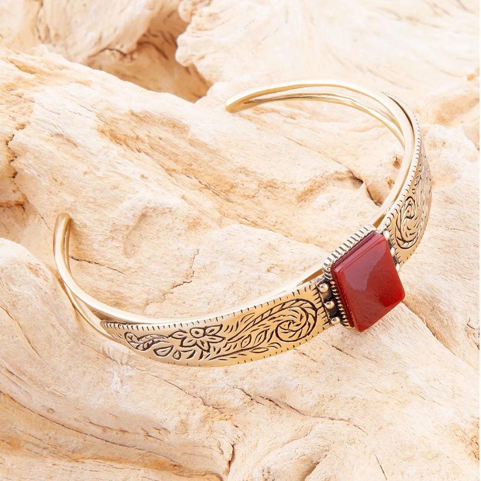 Stamped Orange Carnelian Golden Cuff Bracelet by Barse Jewelry
