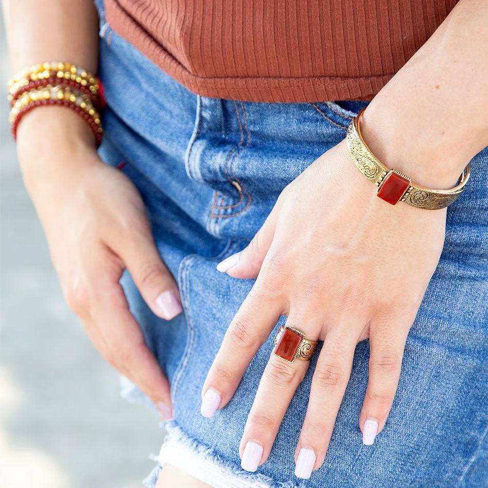 Stamped Orange Carnelian Golden Cuff Bracelet by Barse Jewelry