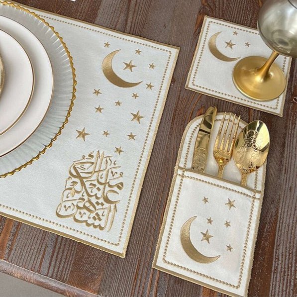 Star & Crescent Embroidered Leather Placemat Set | 3-Piece Dining Table Decor (MAC390) La Vie Bien Star & Crescent Embroidered Leather Placemat Set | 3-Piece Dining Table Decor (MAC390)
