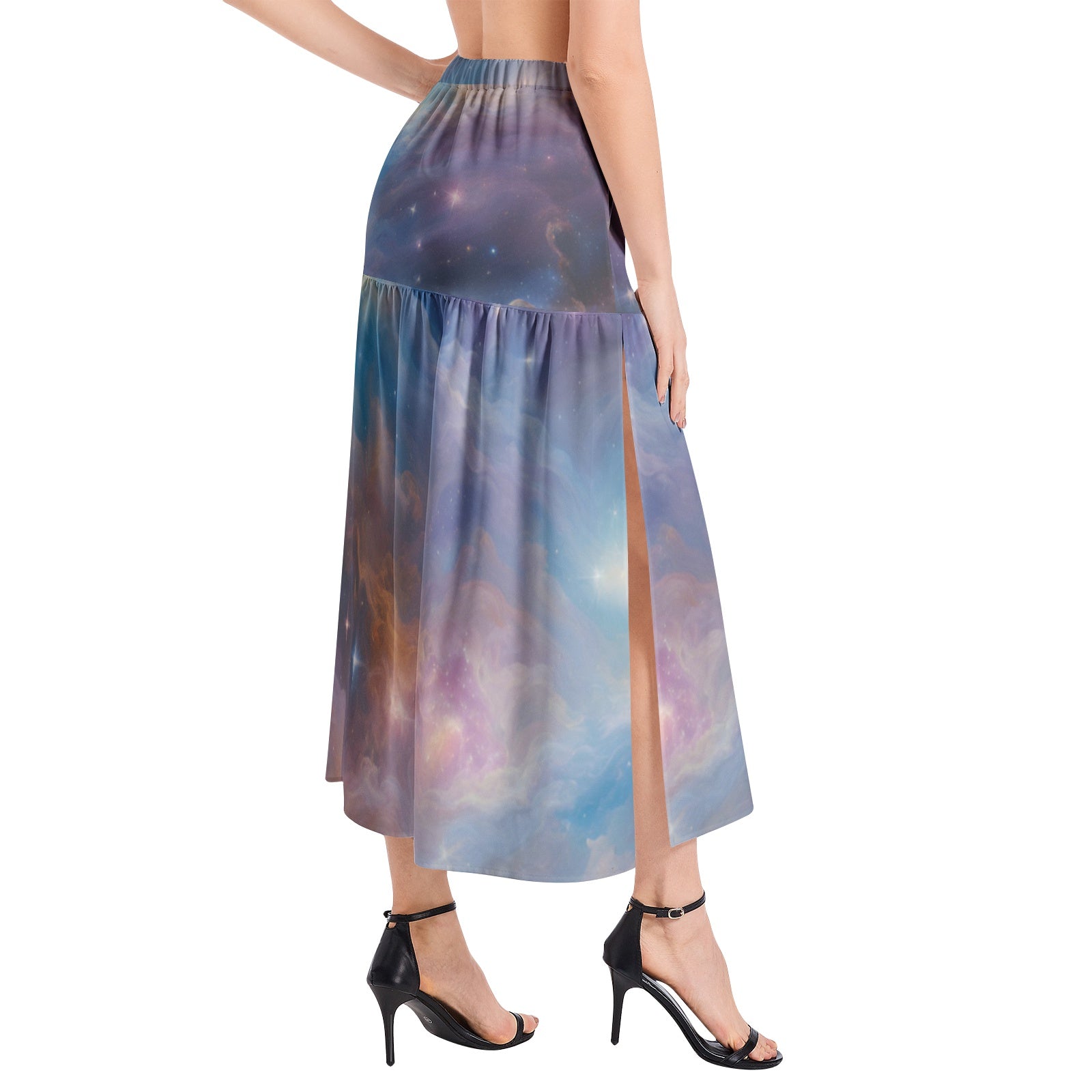 Starry galaxy elastic Waist Ruffle Slit Hem Skirt, midi space skirt for astronomy astrology lovers, colorful galaxy apparel for sci fi fans