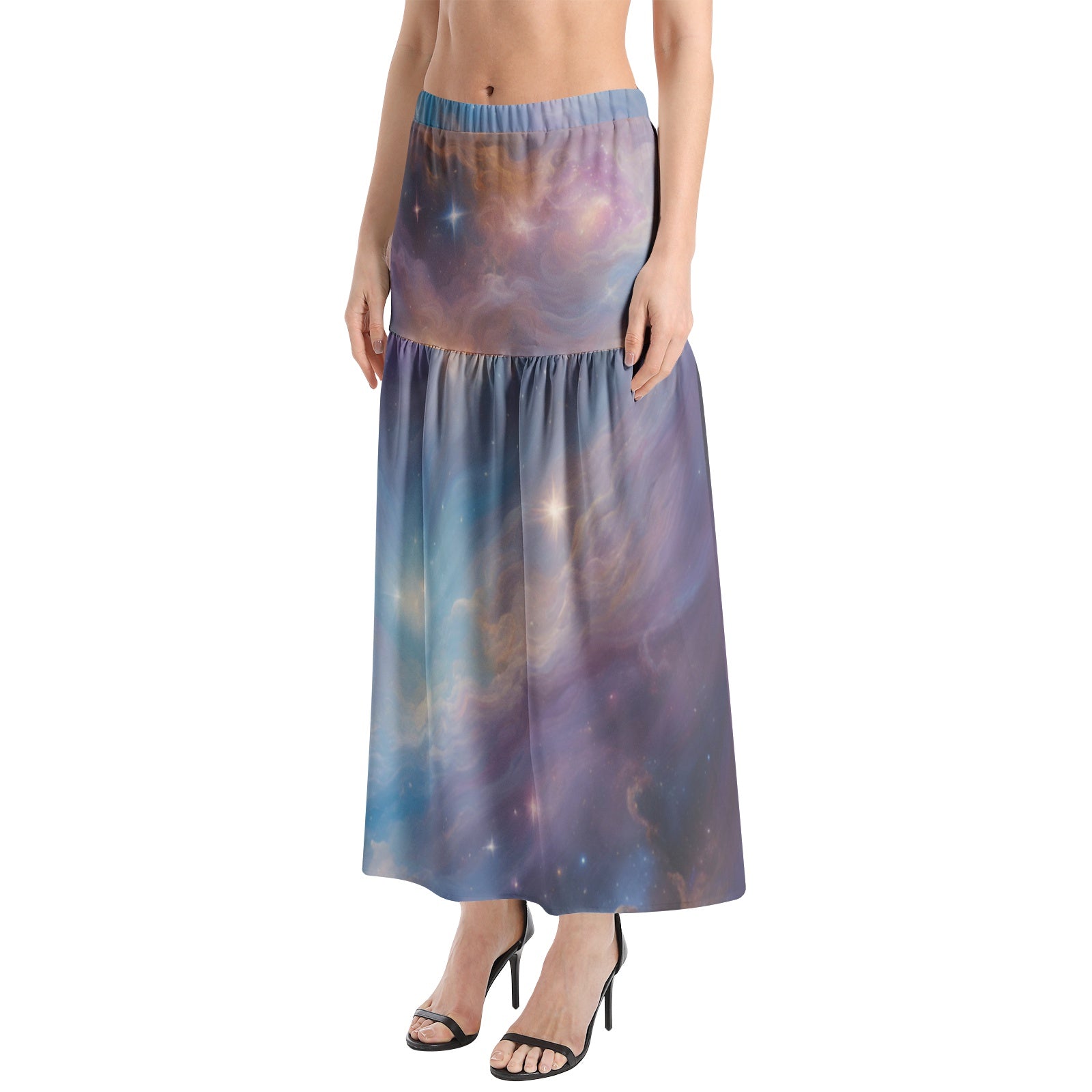Starry galaxy elastic Waist Ruffle Slit Hem Skirt, midi space skirt for astronomy astrology lovers, colorful galaxy apparel for sci fi fans
