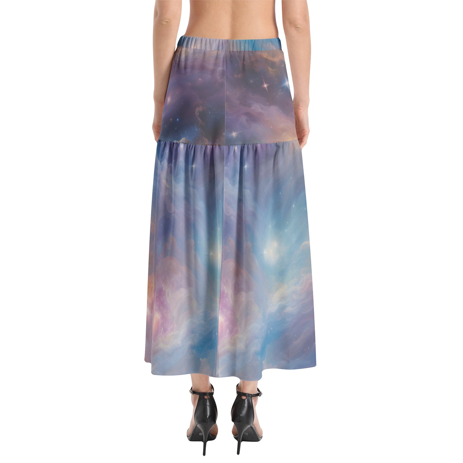 Starry galaxy elastic Waist Ruffle Slit Hem Skirt, midi space skirt for astronomy astrology lovers, colorful galaxy apparel for sci fi fans