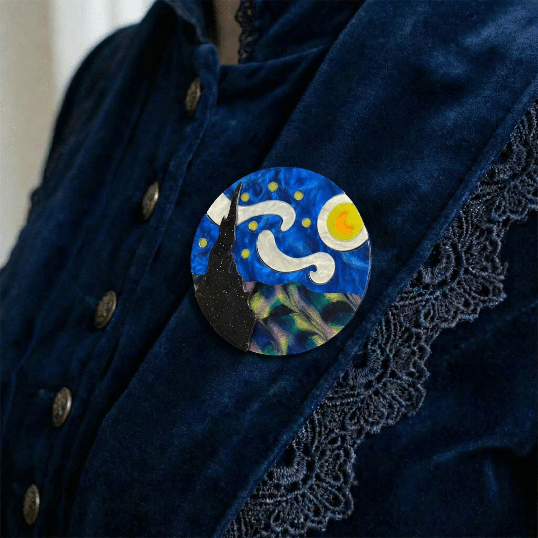 Starry Night Van Gogh Inspired Acetate Large Format Pin Brooch Brooches & Lapel Pins La Vie Bien Starry Night Van Gogh Inspired Acetate Large Format Pin Brooch