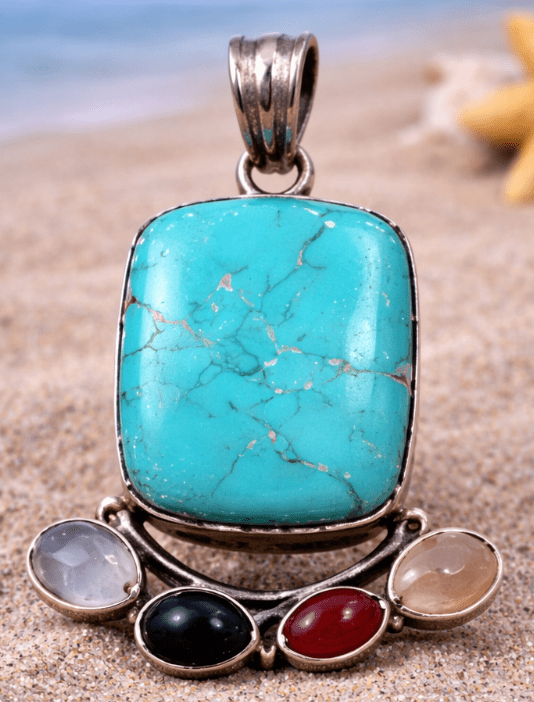 Sterling Silver Turquoise, Chalcedony, Onyx & Carnelian Pendant – Coastal Statement Jewelry Necklaces La Vie Bien Sterling Silver Turquoise, Chalcedony, Onyx & Carnelian Pendant – Coastal Statement Jewelry