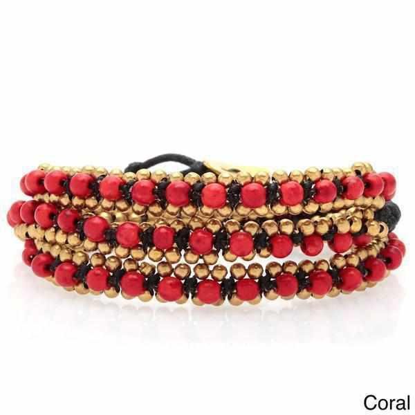 Stone and Brass Beads Three Wrap Bracelet - Thailand Jewelry La Vie Bien Stone and Brass Beads Three Wrap Bracelet - Thailand