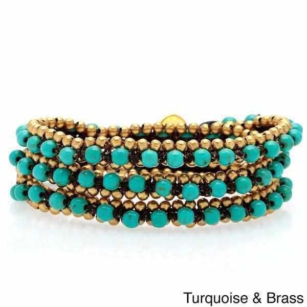 Stone and Brass Beads Three Wrap Bracelet - Thailand Jewelry La Vie Bien Stone and Brass Beads Three Wrap Bracelet - Thailand