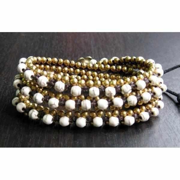 Stone and Brass Beads Three Wrap Bracelet - Thailand Jewelry La Vie Bien Stone and Brass Beads Three Wrap Bracelet - Thailand