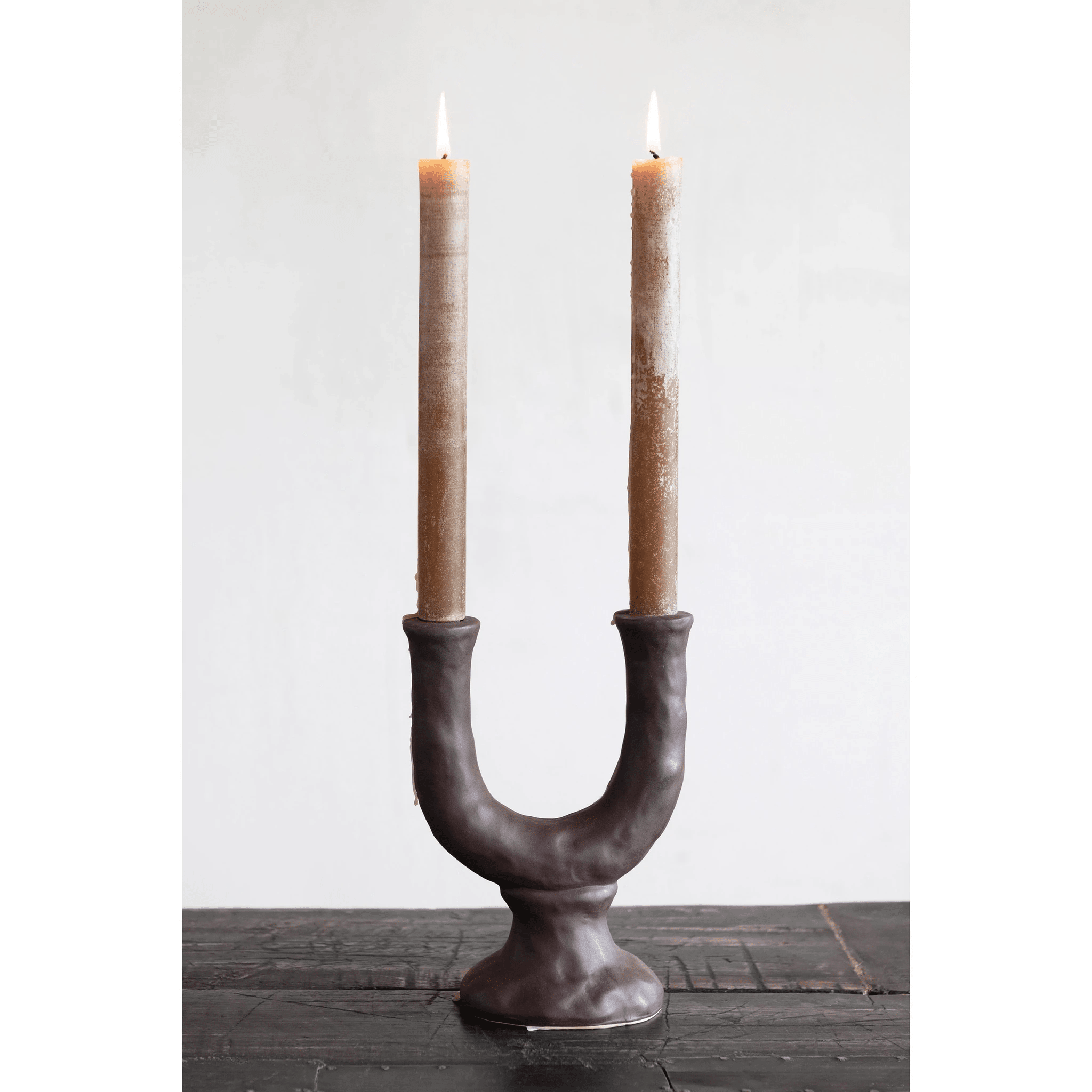 Stoneware Double Taper Candle Holder in Chocolate by White Cliff Studio