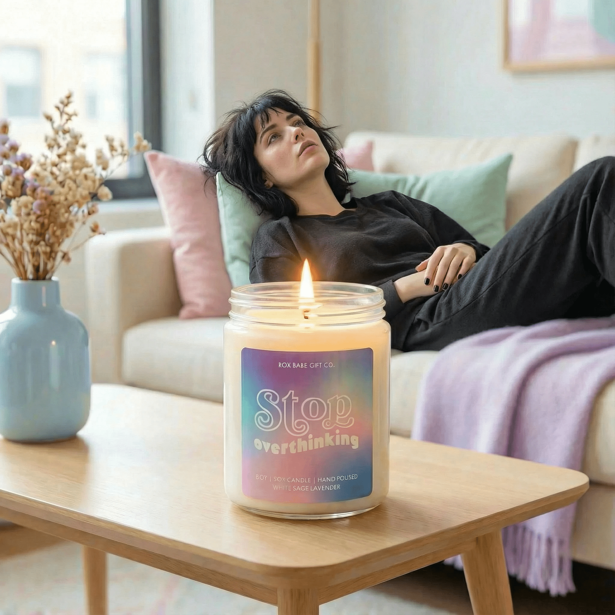 Stop Overthinking Candle in White Sage Lavender Scent | Self-Care Collection Wick Light by The Bullish Store