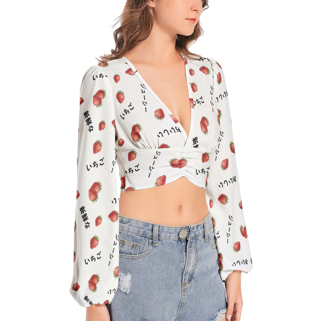Strawberry print いちご blouse - Women's Deep V-Neck Lantern Sleeve Crop Top blouses La Vie Bien Strawberry print いちご blouse - Women's Deep V-Neck Lantern Sleeve Crop Top