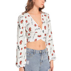 Strawberry print いちご blouse - Women's Deep V-Neck Lantern Sleeve Crop Top blouses La Vie Bien Strawberry print いちご blouse - Women's Deep V-Neck Lantern Sleeve Crop Top