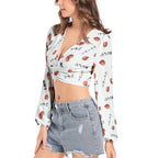 Strawberry print いちご blouse - Women's Deep V-Neck Lantern Sleeve Crop Top blouses La Vie Bien Strawberry print いちご blouse - Women's Deep V-Neck Lantern Sleeve Crop Top