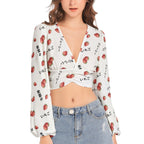 Strawberry print いちご blouse - Women's Deep V-Neck Lantern Sleeve Crop Top blouses La Vie Bien Strawberry print いちご blouse - Women's Deep V-Neck Lantern Sleeve Crop Top