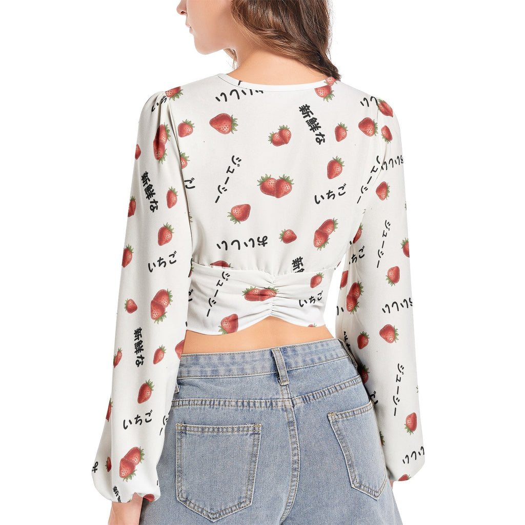 Strawberry print いちご blouse - Women's Deep V-Neck Lantern Sleeve Crop Top blouses La Vie Bien Strawberry print いちご blouse - Women's Deep V-Neck Lantern Sleeve Crop Top