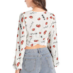 Strawberry print いちご blouse - Women's Deep V-Neck Lantern Sleeve Crop Top blouses La Vie Bien Strawberry print いちご blouse - Women's Deep V-Neck Lantern Sleeve Crop Top