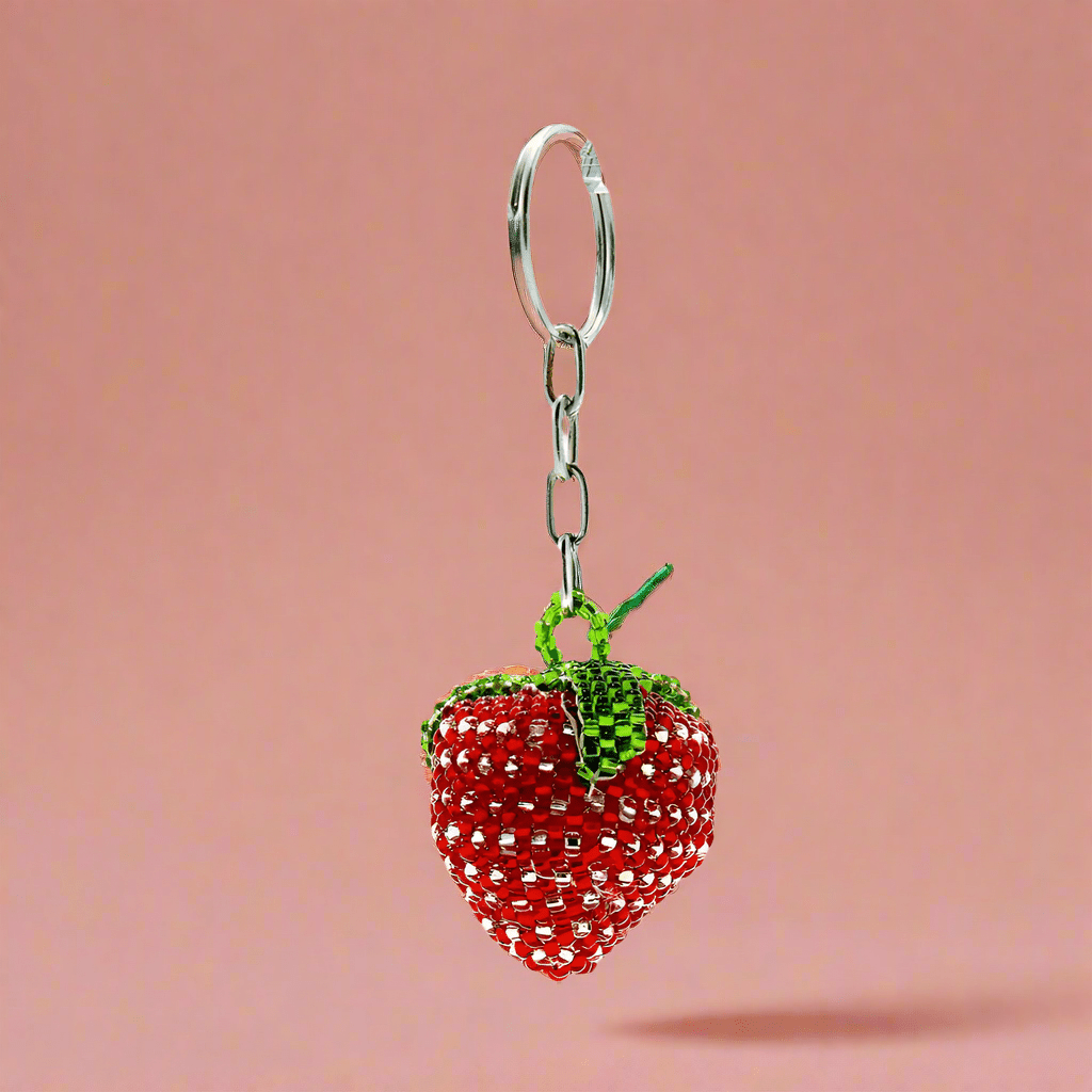 Strawberry Seed Bead Handmade Keychain - Guatemala Keychains La Vie Bien Strawberry Seed Bead Handmade Keychain - Guatemala