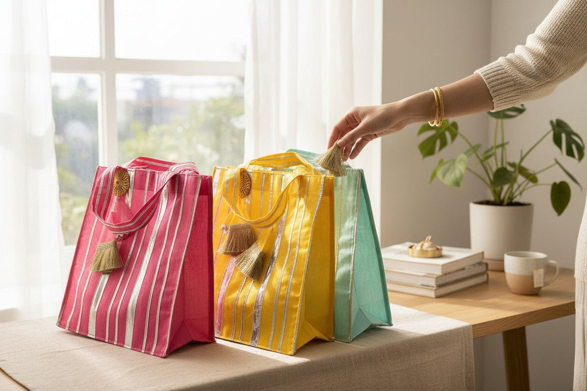 Striped Gota Silk Bags with Handle Traditional Gifts La Vie Bien Striped Gota Silk Bags with Handle