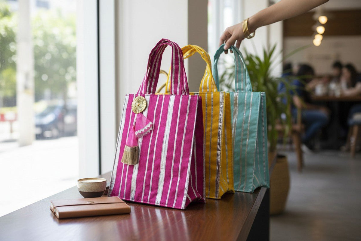 Striped Gota Silk Bags with Handle Traditional Gifts La Vie Bien Striped Gota Silk Bags with Handle